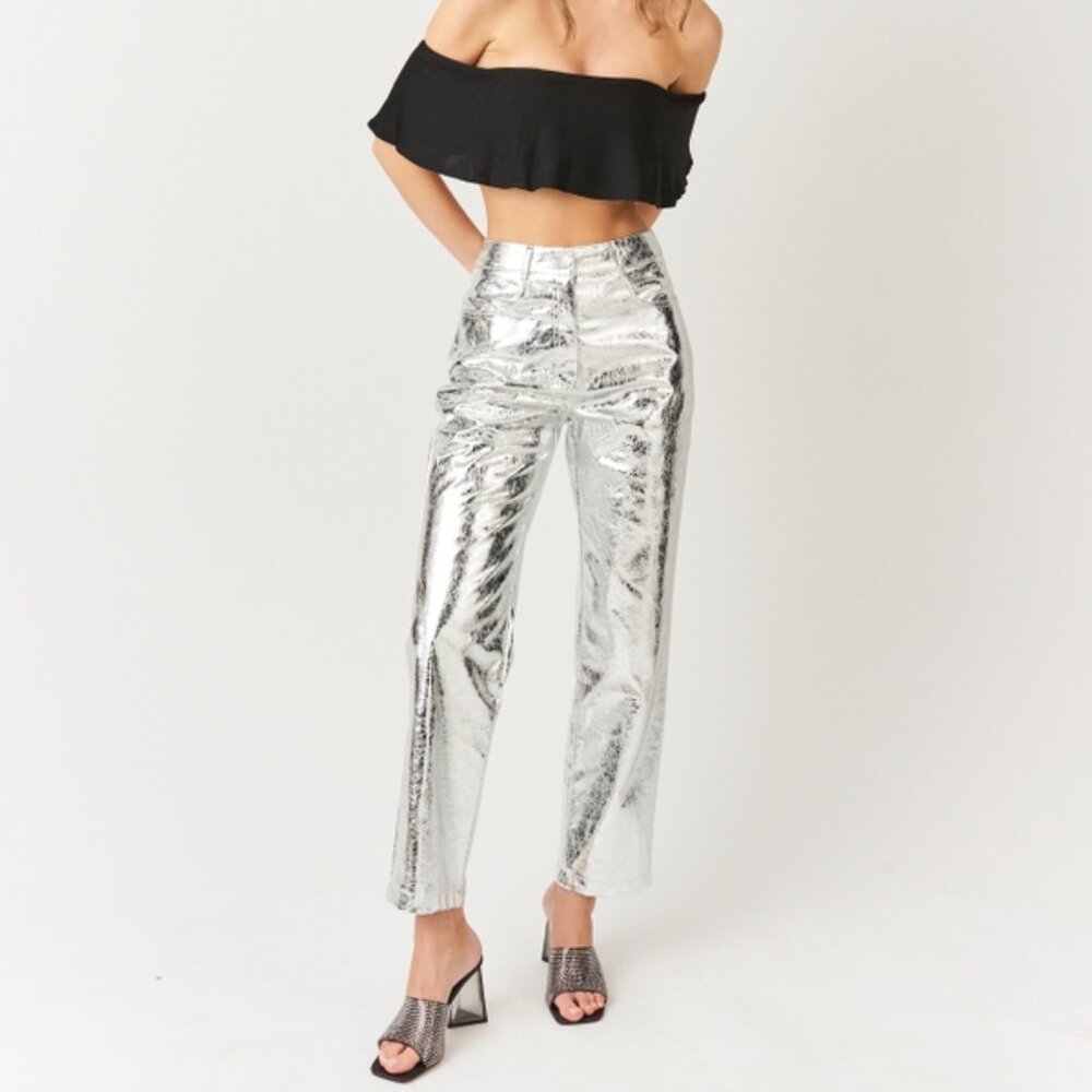 Amy Lynn Lupe High Waist Faux Leather Metallic Textured Pants in Silver